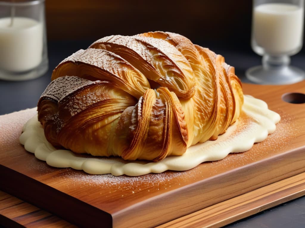  An ultradetailed image of a perfectly goldenbrown croissant, freshly baked and delicately layered, with steam rising from its flaky exterior, resting on a rustic wooden cutting board. The intricate layers of the croissant glisten in the light, showcasing the skillful lamination technique used to achieve the ideal level of crispiness and lightness in this classic pastry, embodying the essence of achieving the perfect crunch in pastry creations. hyperrealistic, full body, detailed clothing, highly detailed, cinematic lighting, stunningly beautiful, intricate, sharp focus, f/1. 8, 85mm, (centered image composition), (professionally color graded), ((bright soft diffused light)), volumetric fog, trending on instagram, trending on tumblr, HDR 4K, 8K