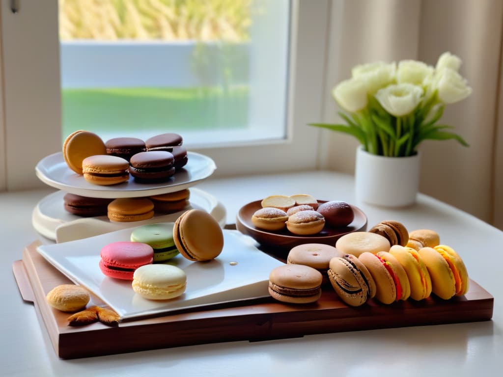  An 8k ultradetailed image of a serene kitchen in a picturesque countryside retreat, featuring a sleek marble countertop adorned with freshly baked pastries and colorful macarons arranged neatly on white ceramic plates. Sunlight streams through a large window, casting a warm glow on the scene, while a rustic wooden table in the background displays an array of artisanal baking tools. The ambiance is tranquil and inviting, evoking a sense of peaceful creativity and culinary mastery. hyperrealistic, full body, detailed clothing, highly detailed, cinematic lighting, stunningly beautiful, intricate, sharp focus, f/1. 8, 85mm, (centered image composition), (professionally color graded), ((bright soft diffused light)), volumetric fog, trending on instagram, trending on tumblr, HDR 4K, 8K