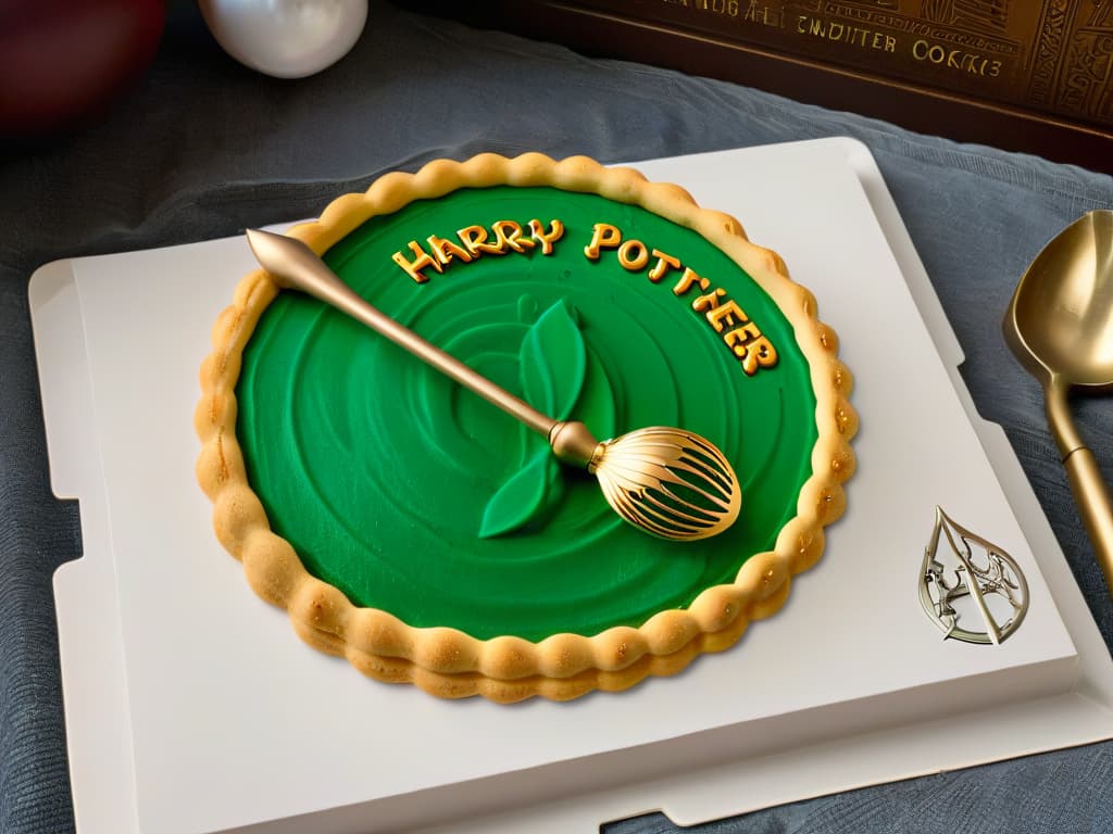  An ultradetailed, 8k resolution image of a sleek, minimalist kitchen countertop adorned with a collection of enchanting Harry Potterthemed baking utensils. The image showcases a set of golden snitch measuring spoons, a wandshaped mixing whisk, a cauldronshaped cookie cutter, and a Hogwarts crest silicone spatula arranged artfully on a marble countertop. The lighting is soft and warm, accentuating the intricate details of each utensil and casting a subtle magical glow over the scene. hyperrealistic, full body, detailed clothing, highly detailed, cinematic lighting, stunningly beautiful, intricate, sharp focus, f/1. 8, 85mm, (centered image composition), (professionally color graded), ((bright soft diffused light)), volumetric fog, trending on instagram, trending on tumblr, HDR 4K, 8K