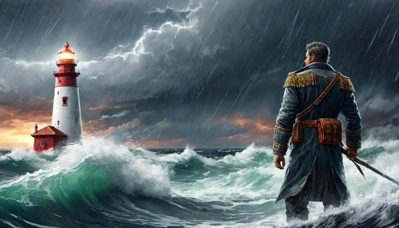  digital illustration, A figure standing resilient amidst stormy seas, a lighthouse in the background, commitment to guide and protect, beacon of hope, steadfast in duty., looking at viewer, dynamic pose, (intricate details, masterpiece, best quality)