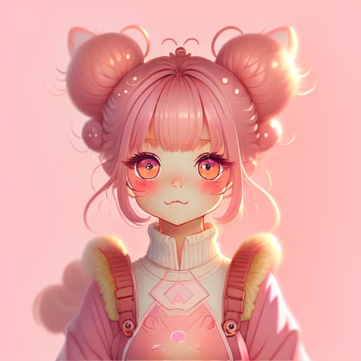 in OliDisco style pink. furry. twin bun hair. girl. chibi. cute. kawaii. background cute cosmetics. blurred blush painting. cute dragon