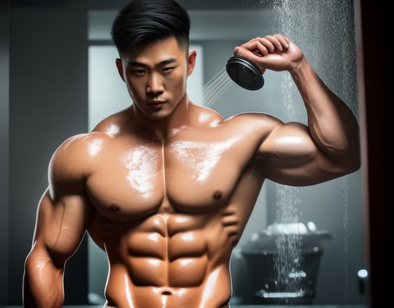  muscle, Chinese beautiful boy, taking a shower in hell， body，chest hair hyperrealistic, full body, detailed clothing, highly detailed, cinematic lighting, stunningly beautiful, intricate, sharp focus, f/1. 8, 85mm, (centered image composition), (professionally color graded), ((bright soft diffused light)), volumetric fog, trending on instagram, trending on tumblr, HDR 4K, 8K