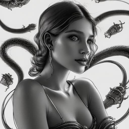 portrait+ style A beautiful young woman lying down amongst lots of robotic alien snakes in the style of bruce weber and arthur rackham , absolute reality v1.6, perfect symmetry, photo realistic raw, stable diffusion, fine lines,outline drawing for colouring in book