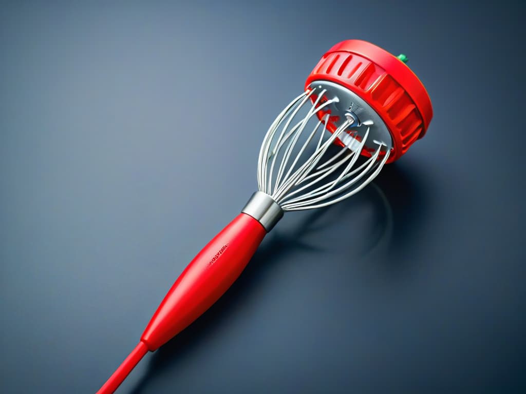  A closeup, ultradetailed image of a sleek, modern electric whisk with a vibrant red handle, captured against a soft, neutral background to highlight its elegant design and professional quality. The focus is on the intricate wire beaters, showcasing their precise construction and advanced technology, embodying the perfect blend of style and functionality for any aspiring baker or pastry chef. hyperrealistic, full body, detailed clothing, highly detailed, cinematic lighting, stunningly beautiful, intricate, sharp focus, f/1. 8, 85mm, (centered image composition), (professionally color graded), ((bright soft diffused light)), volumetric fog, trending on instagram, trending on tumblr, HDR 4K, 8K