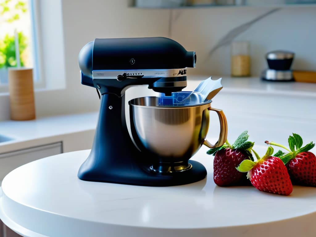  An ultradetailed image of a sleek, black KitchenAid stand mixer adorned with subtle, embossed Marvel superhero emblems, set against a backdrop of a modern, minimalist kitchen with marble countertops and copper accents. The mixer is surrounded by carefully arranged vibrant, fresh ingredients like ripe strawberries, glossy chocolate ganache, and fluffy whipped cream, all ready to be transformed into decadent superherothemed desserts. The lighting is soft yet focused, highlighting the intricate details of the mixer and the colorful ingredients, creating a visually striking and aspirational image for superheroloving bakers. hyperrealistic, full body, detailed clothing, highly detailed, cinematic lighting, stunningly beautiful, intricate, sharp focus, f/1. 8, 85mm, (centered image composition), (professionally color graded), ((bright soft diffused light)), volumetric fog, trending on instagram, trending on tumblr, HDR 4K, 8K