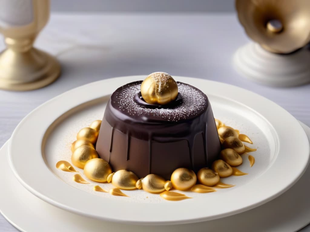  A closeup, ultradetailed image of a delicate chocolate truffle being gently dusted with shimmering gold edible powder, highlighting the intricate swirls and textures of the glossy chocolate surface. The powder slowly cascades down, creating a mesmerizing visual effect that captures the essence of decadent, luxurious dessert making. hyperrealistic, full body, detailed clothing, highly detailed, cinematic lighting, stunningly beautiful, intricate, sharp focus, f/1. 8, 85mm, (centered image composition), (professionally color graded), ((bright soft diffused light)), volumetric fog, trending on instagram, trending on tumblr, HDR 4K, 8K