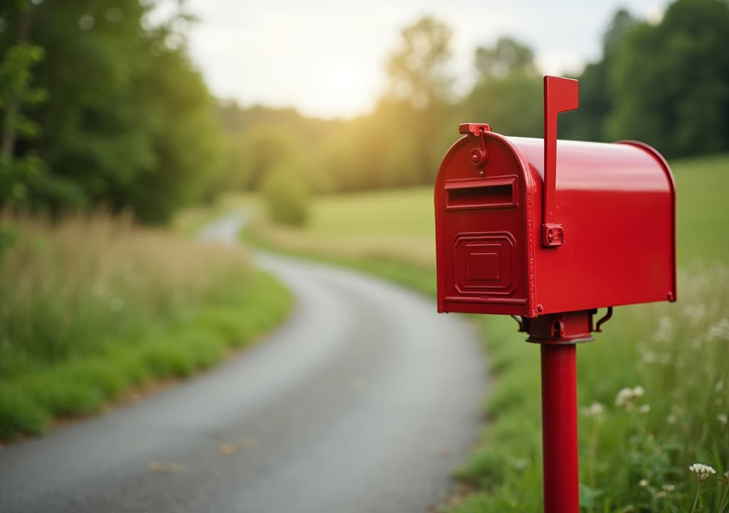  good quality, high quality, a bright red mailbox on a quiet rural road, standing out against the lush green countryside, symbolizing communication in a peaceful setting.