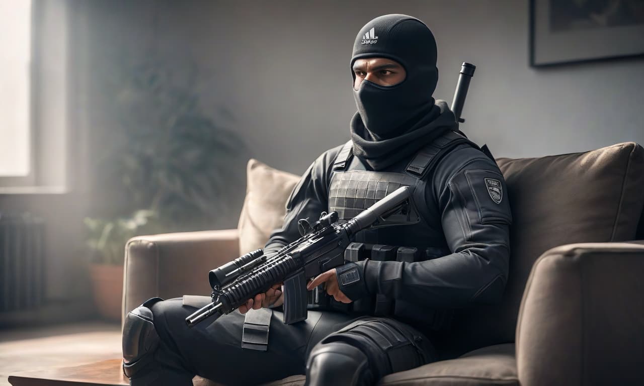  Draw a fair skinned man soldier sitting on a couch, wearing a balaclava on his head, in a black athletic Adidas suit with three white stripes, wearing a body armor, holding a rifle in his hands. hyperrealistic, full body, detailed clothing, highly detailed, cinematic lighting, stunningly beautiful, intricate, sharp focus, f/1. 8, 85mm, (centered image composition), (professionally color graded), ((bright soft diffused light)), volumetric fog, trending on instagram, trending on tumblr, HDR 4K, 8K