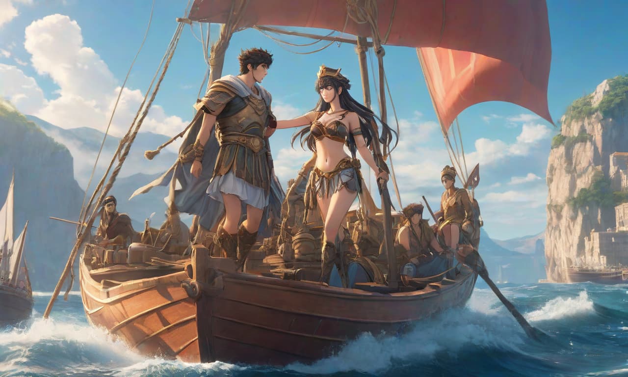  anime artwork An ancient Greek sails in a boat with goods. . anime style, key visual, vibrant, studio anime, highly detailed hyperrealistic, full body, detailed clothing, highly detailed, cinematic lighting, stunningly beautiful, intricate, sharp focus, f/1. 8, 85mm, (centered image composition), (professionally color graded), ((bright soft diffused light)), volumetric fog, trending on instagram, trending on tumblr, HDR 4K, 8K