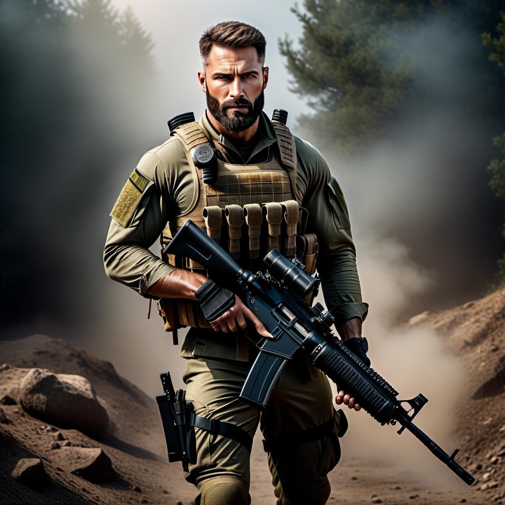  Figure. A man, a soldier, a military form with a dirty look, a beard on his facial features. An automatic weapon in his hands. A military style of realism. hyperrealistic, full body, detailed clothing, highly detailed, cinematic lighting, stunningly beautiful, intricate, sharp focus, f/1. 8, 85mm, (centered image composition), (professionally color graded), ((bright soft diffused light)), volumetric fog, trending on instagram, trending on tumblr, HDR 4K, 8K