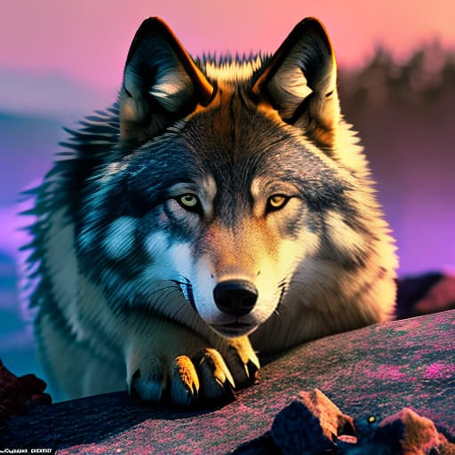 nvinkpunk Realistic image of mystical Wolf howling at the moon, breathtaking, Global illumination, Bioluminescent hyperrealistic, full body, detailed clothing, highly detailed, cinematic lighting, stunningly beautiful, intricate, sharp focus, f/1. 8, 85mm, (centered image composition), (professionally color graded), ((bright soft diffused light)), volumetric fog, trending on instagram, trending on tumblr, HDR 4K, 8K