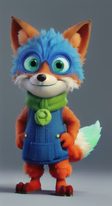  {Error the fox pressing the blue button with his paw, looking puzzled as nothing occurs., Error is a small, bright orange fox with a fluffy tail and big, inquisitive eyes. He has a mischievous yet kind expression and wears a tiny green scarf.