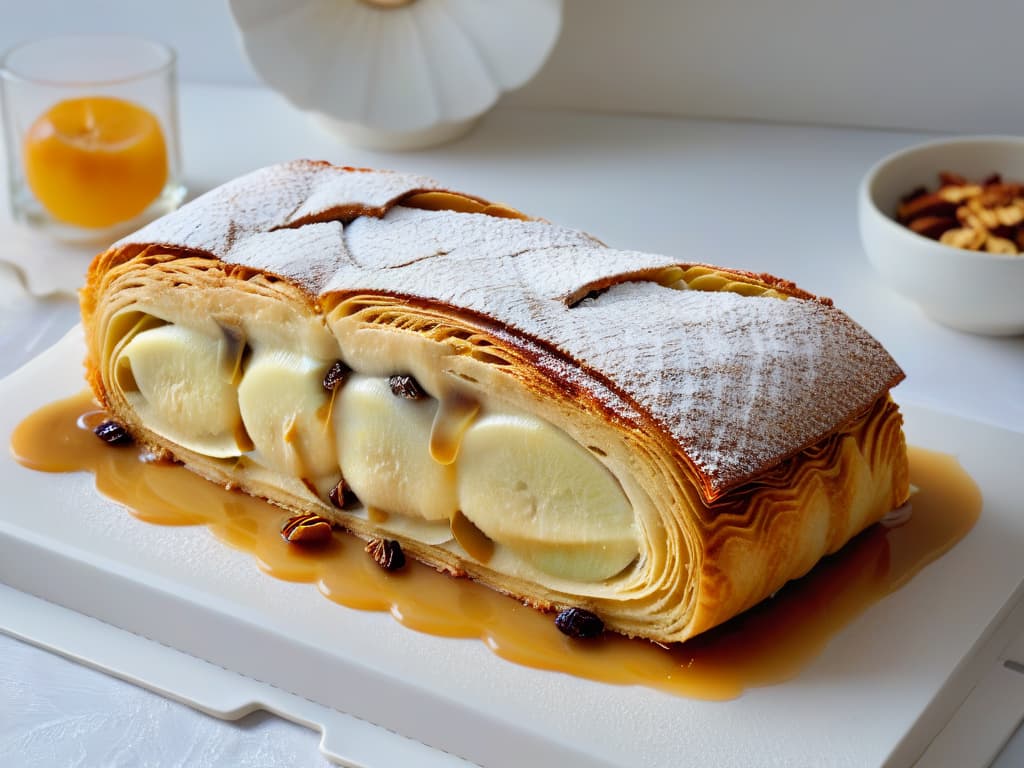  An ultradetailed closeup image of a freshly baked traditional Austrian apple strudel, showcasing the golden, flaky layers of pastry enveloping a generous filling of spiced apples, raisins, and cinnamon. The steam rises delicately from the warm dessert, emphasizing its inviting aroma, while a light dusting of powdered sugar glistens on top, hinting at its irresistible sweetness. The image captures the intricate textures and colors of the strudel, conveying a sense of warmth, comfort, and culinary artistry in a minimalist composition. hyperrealistic, full body, detailed clothing, highly detailed, cinematic lighting, stunningly beautiful, intricate, sharp focus, f/1. 8, 85mm, (centered image composition), (professionally color graded), ((bright soft diffused light)), volumetric fog, trending on instagram, trending on tumblr, HDR 4K, 8K