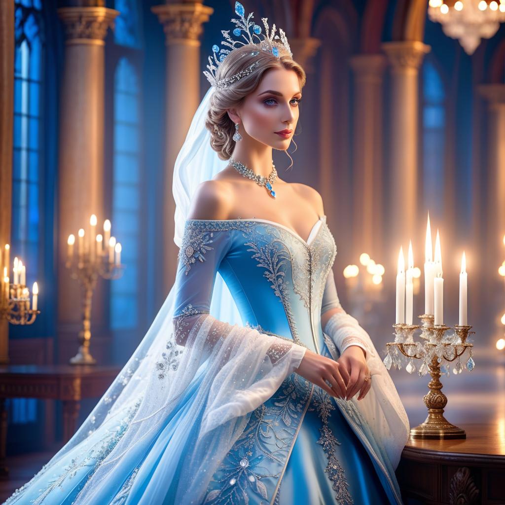  ethereal fantasy concept art of (Ballroom interior: Renaissance, Baroque style). Couples waltzing round the hall. (Floor and walls): decorated with snowy intricate pattern of blue, white, silver snowflakes. There are openwork curtains of frost on the windows. (Candleholders made of ice crystals). The candles are white and blue in colour. (Snow Queen) Dressed in a domino style dress of silver blue colour. Around her snowflakes are circling in pairs. (Half mask Columbine) A mask covering only part of the face. Mask decorations: with snowflake pattern, colour: white, blue, pearl and cream, jewels, Venetian lace, rhinestones, beads. . magnificent, celestial, ethereal, painterly, epic, majestic, magical, fantasy art, cover art, dreamy hyperrealistic, full body, detailed clothing, highly detailed, cinematic lighting, stunningly beautiful, intricate, sharp focus, f/1. 8, 85mm, (centered image composition), (professionally color graded), ((bright soft diffused light)), volumetric fog, trending on instagram, trending on tumblr, HDR 4K, 8K