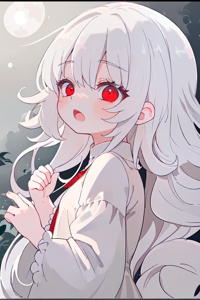  ultra detailed:1.2masterpiece:1.2,best quality,masterpiece,bestquality,hdr:1.1,8k:1.1,very cute girl:1.3,white hair:1.3,very long hair,volume hair:0.7,curly hair:1.4,red eyes,bad mood:1.1,sleepy eyes:1.1,dot open mouth:1.3,upper body:1.3,dutch angle,half closed eyes:1.6,upper body:1.1,from side