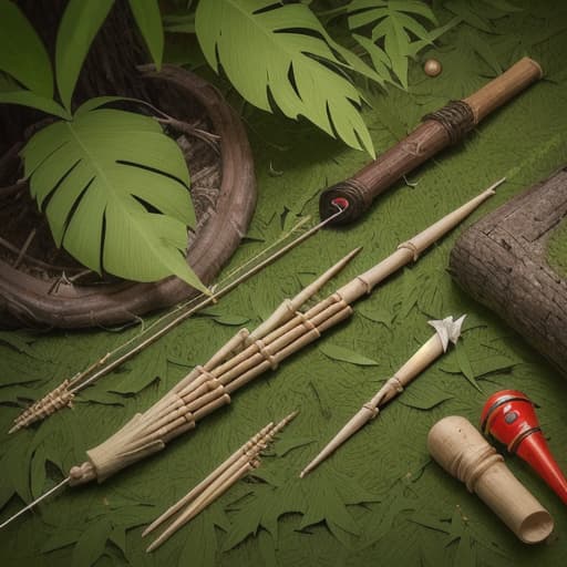  80's fantasy art, A makeshift blowgun created from a piece of bamboo or wooden tube, with hand-carved wooden darts. The blowgun looks rudimentary but functional, with a smooth and hollow interior. The darts are sharp, with small feathers or leaves attached to the ends for better flight. The scene is set in the forest during dawn, with the early morning light illuminating the blowgun and darts placed on a patch of grass and leaves.