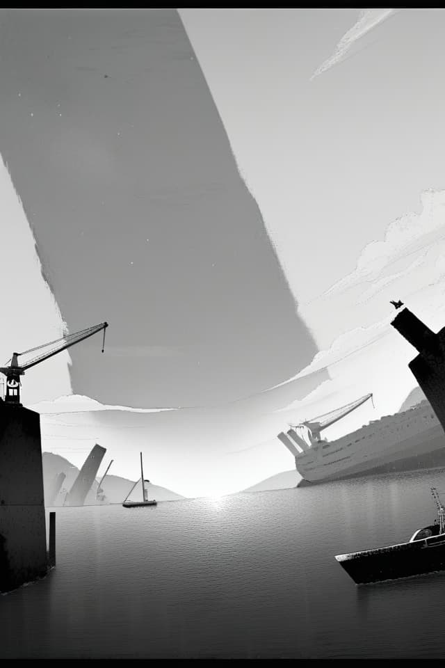  {{B&W,Monochrome World:1.4}},super detail,8k,high resolution,absurd,employed,detail,delicate composition,cinematic angle,bold composition,detailed description,{{An empty harbor:1.4,rainy landscape}},((B&W,Monochrome Photography,Landscape Photography)){An empty harbor,large cargo ship anchored,rainRain,Dawn,Sunrise🌄,Dawn Sky}},Top quality,Masterpiece,