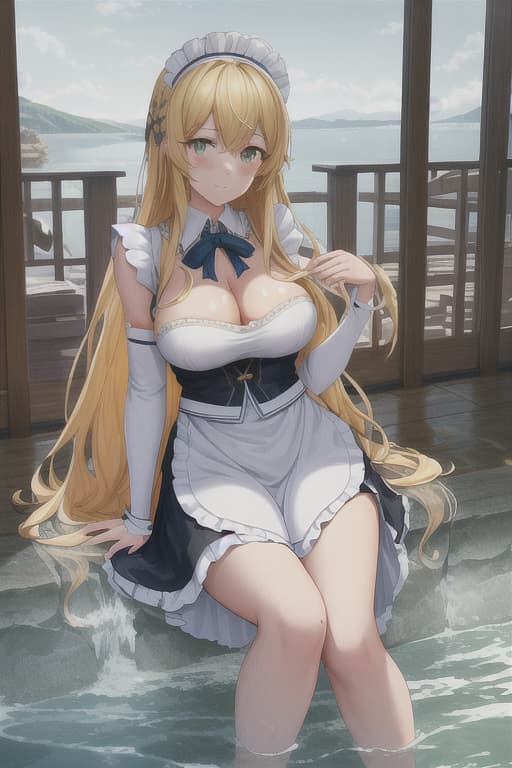  (score 9,score 8 up,score 7 up,),1girl,solo,maid,maid headdress,looking at viewer,outdoor,lake,apron,blonde hair,indoors,green eyes,bare foot,two feet in the water hyperrealistic, full body, detailed clothing, highly detailed, cinematic lighting, stunningly beautiful, intricate, sharp focus, f/1. 8, 85mm, (centered image composition), (professionally color graded), ((bright soft diffused light)), volumetric fog, trending on instagram, trending on tumblr, HDR 4K, 8K