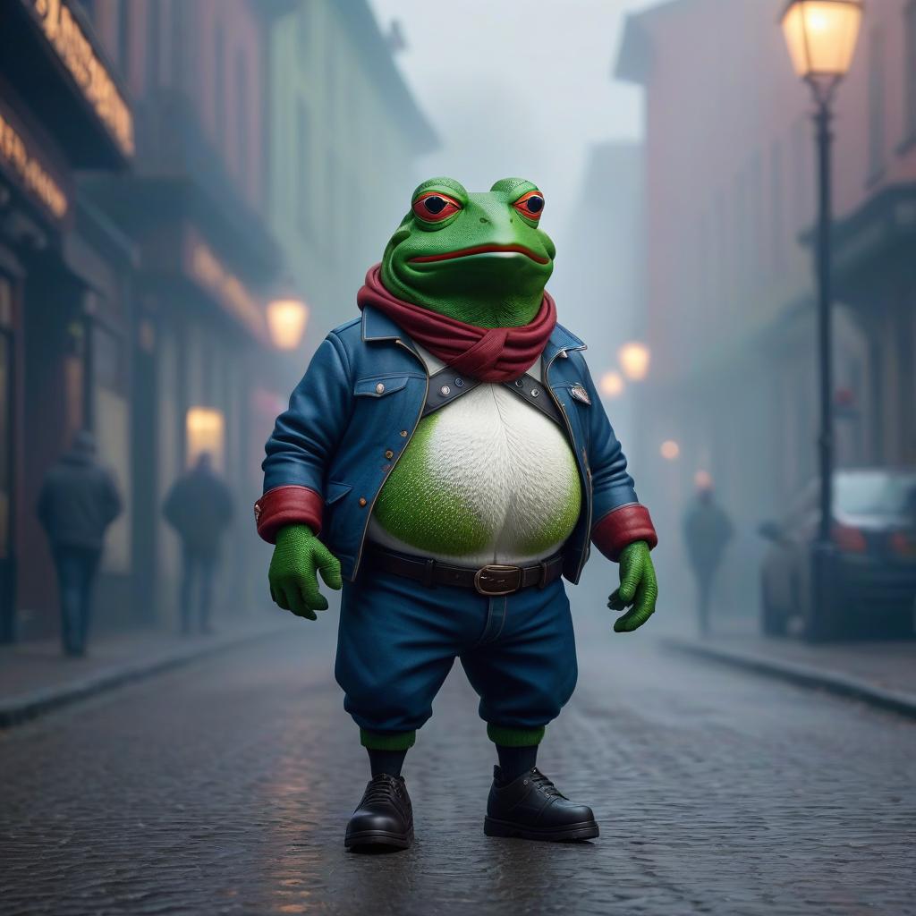  Pepe fat hyperrealistic, full body, detailed clothing, highly detailed, cinematic lighting, stunningly beautiful, intricate, sharp focus, f/1. 8, 85mm, (centered image composition), (professionally color graded), ((bright soft diffused light)), volumetric fog, trending on instagram, trending on tumblr, HDR 4K, 8K