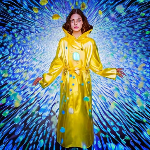 portrait+ style Painting of a young women in a yellow raincoat surrounded by blue and white striped robotic fishes, stable diffusion, absolute reality v1.6, perfect symmetry, photo realistic raw, in the style of bruce weber and hr giger