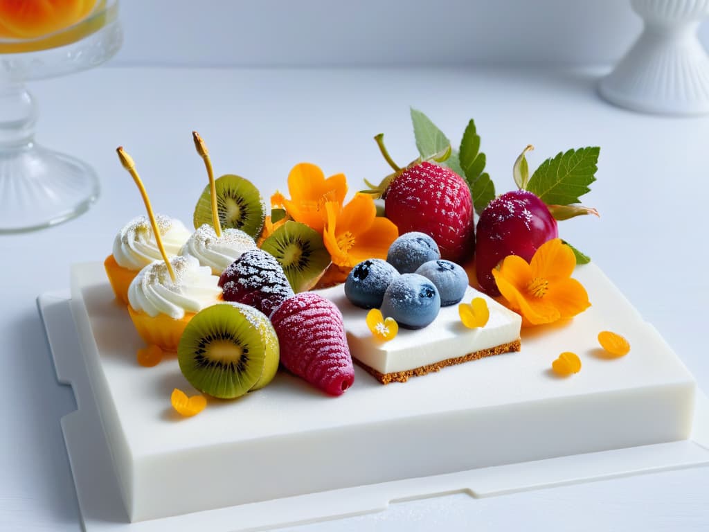  A minimalist image of a beautifully arranged dessert platter featuring a variety of colorful pastries and sweets, delicately garnished with fresh fruits and edible flowers on a sleek, white marble serving board. The desserts are artfully presented with attention to detail, showcasing the textures and colors of each treat against the elegant backdrop, evoking a sense of sophistication and indulgence. The soft natural lighting enhances the visual appeal, casting gentle shadows that add depth to the composition, creating a visually striking and enticing image perfect for capturing the essence of a premium dessert brand. hyperrealistic, full body, detailed clothing, highly detailed, cinematic lighting, stunningly beautiful, intricate, sharp focus, f/1. 8, 85mm, (centered image composition), (professionally color graded), ((bright soft diffused light)), volumetric fog, trending on instagram, trending on tumblr, HDR 4K, 8K