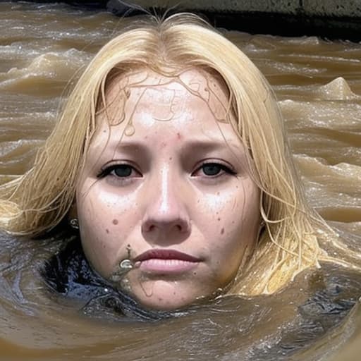  woman's face with blonde hair drowning in the river