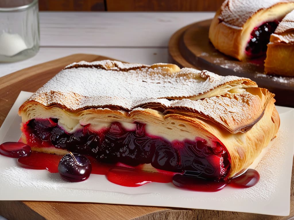  An ultradetailed, minimalist image of a freshly baked cherry strudel resting on a rustic wooden table, showcasing the flaky layers of pastry enveloping the juicy, vibrant cherry filling. The goldenbrown crust glistens under a soft, natural light, with a sprinkle of powdered sugar delicately dusted on top, highlighting the intricate swirls and folds of the strudel. The backdrop is subtle, allowing the strudel to be the focal point, evoking a sense of warmth and homemade comfort. hyperrealistic, full body, detailed clothing, highly detailed, cinematic lighting, stunningly beautiful, intricate, sharp focus, f/1. 8, 85mm, (centered image composition), (professionally color graded), ((bright soft diffused light)), volumetric fog, trending on instagram, trending on tumblr, HDR 4K, 8K