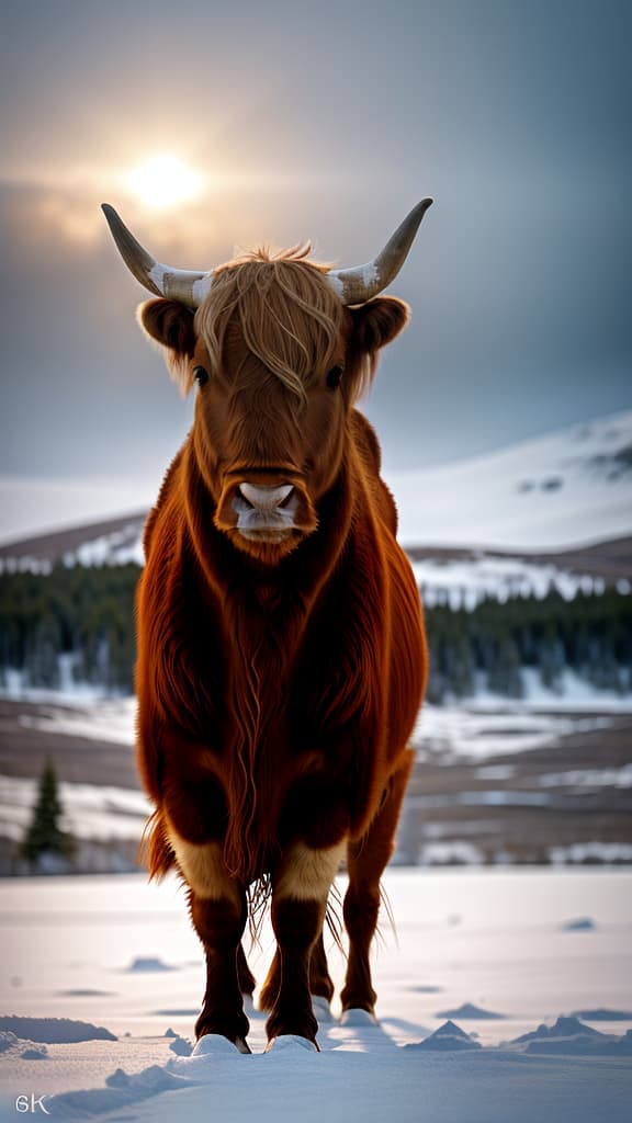  highland cow, tundra snow, high resolution , hyperrealistic, high quality, highly detailed, cinematic lighting, intricate, sharp focus, f/1. 8, 85mm, (centered image composition), (professionally color graded), ((bright soft diffused light)), volumetric fog, trending on instagram, HDR 4K, 8K