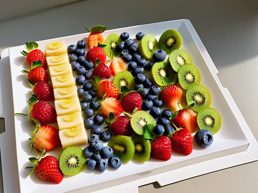  A minimalist image of a beautifully arranged array of colorful fresh fruits like strawberries, blueberries, raspberries, kiwi slices, and banana chunks neatly organized in rows on a sleek white ceramic plate. The fruits are vibrant, showcasing their natural textures and colors, with droplets of water glistening on their surfaces, hinting at their freshness. The background is softly blurred to keep the focus on the fruits, creating a visually striking and appetizing composition perfect for a smoothie bowl recipe article. hyperrealistic, full body, detailed clothing, highly detailed, cinematic lighting, stunningly beautiful, intricate, sharp focus, f/1. 8, 85mm, (centered image composition), (professionally color graded), ((bright soft diffused light)), volumetric fog, trending on instagram, trending on tumblr, HDR 4K, 8K