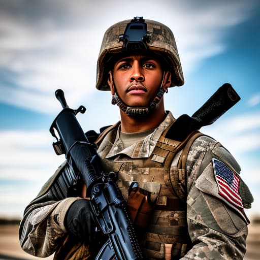 portrait+ style American current soldier with helmet in action