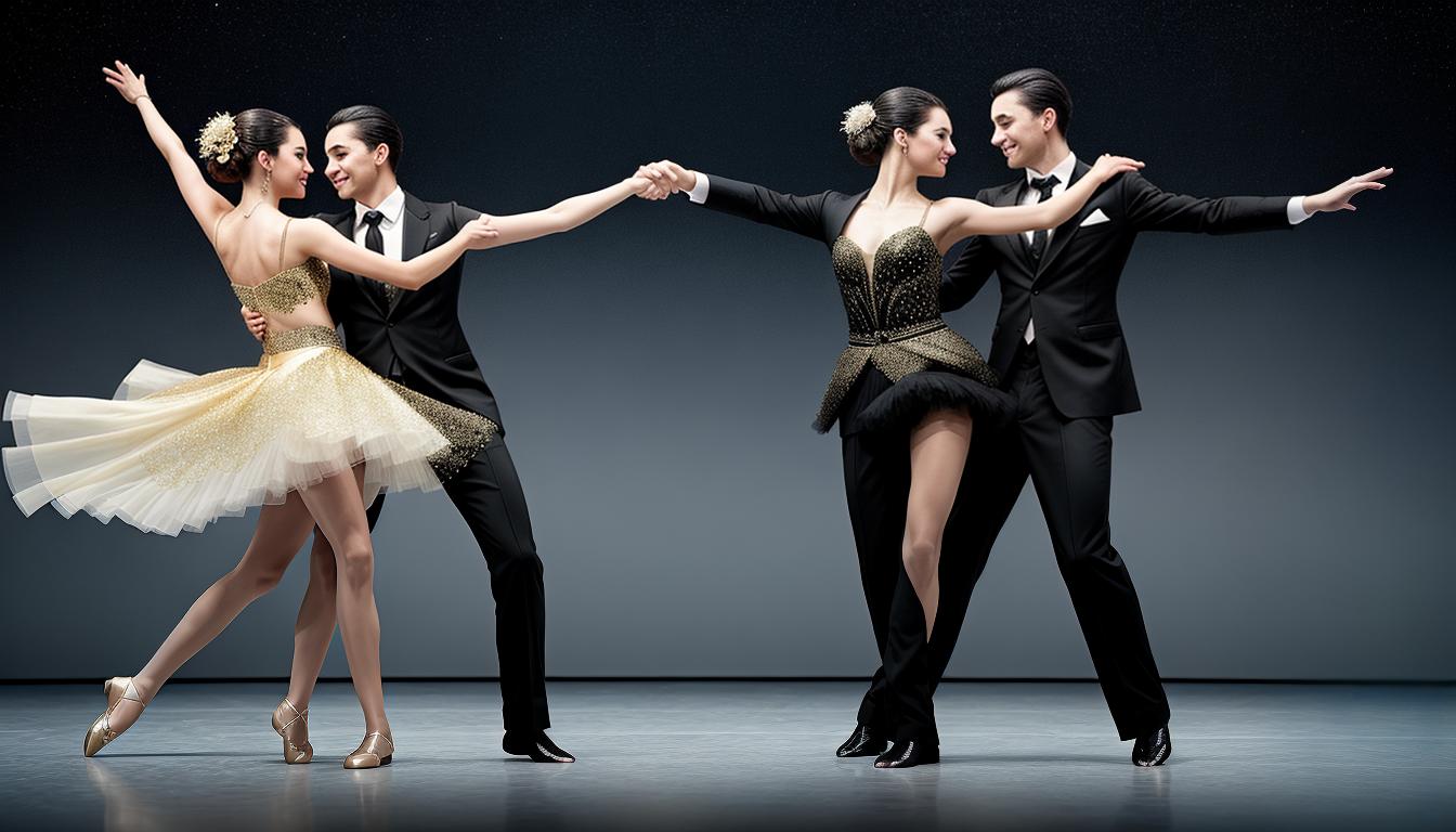  digital illustration, Two dancers in mid step, facing each other, one male and one female, in elegant attire. Their steps are synchronized, suggesting the balance and mutual effort in the dance of communication. Graceful movement, rhythmic harmony, partnership, balance., looking at viewer, dynamic pose, (intricate details, masterpiece, best quality)