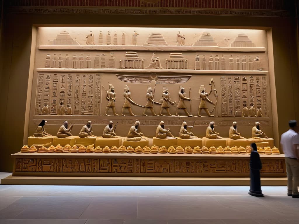  An intricately detailed 8k ultradetailed image of ancient Egyptian hieroglyphs carved on the walls of a temple, depicting a scene of Egyptians enjoying a variety of sweet desserts, with intricate details on the desserts and the expressions of the people enjoying them, all set against the backdrop of a majestic ancient Egyptian setting. hyperrealistic, full body, detailed clothing, highly detailed, cinematic lighting, stunningly beautiful, intricate, sharp focus, f/1. 8, 85mm, (centered image composition), (professionally color graded), ((bright soft diffused light)), volumetric fog, trending on instagram, trending on tumblr, HDR 4K, 8K