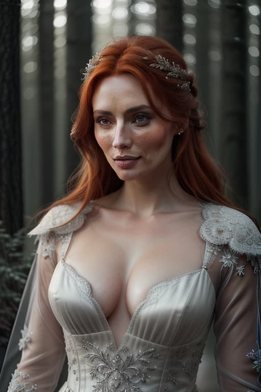  close up of a european woman, ginger hair, winter forest, natural skin texture, 24mm, 4k textures, soft cinematic light, RAW photo, photorealism, photorealistic, intricate, elegant, highly detailed, sharp focus, ((((cinematic look)))), soothing tones, insane details, intricate details, hyperdetailed, low contrast, soft cinematic light, dim colors, exposure blend, hdr, faded hyperrealistic, full body, detailed clothing, highly detailed, cinematic lighting, stunningly beautiful, intricate, sharp focus, f/1. 8, 85mm, (centered image composition), (professionally color graded), ((bright soft diffused light)), volumetric fog, trending on instagram, trending on tumblr, HDR 4K, 8K