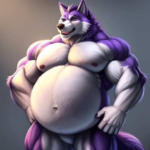  male, (Hyper muscular), wolf, anthropomorphic, purple and white fur, eyes without irises and pupils, full body (Giant belly), (ejaculate), open eyes, digital art, masterpiece, 4k, fine details,