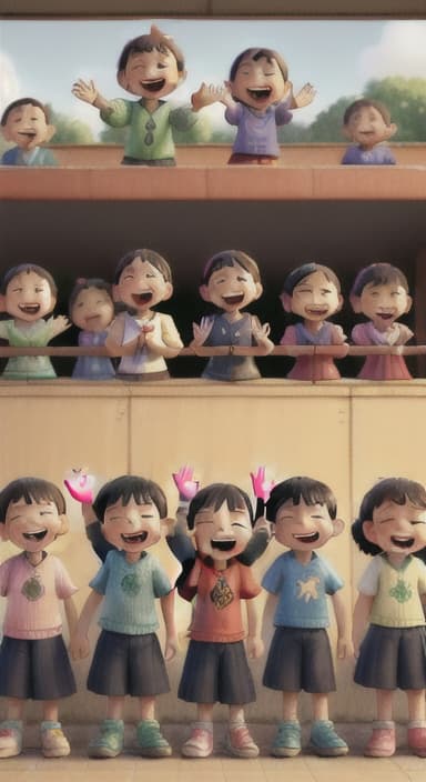  {A heartwarming scene of all the children waving goodbye with happy expressions., Children waving with wide smiles, looking grateful and content.