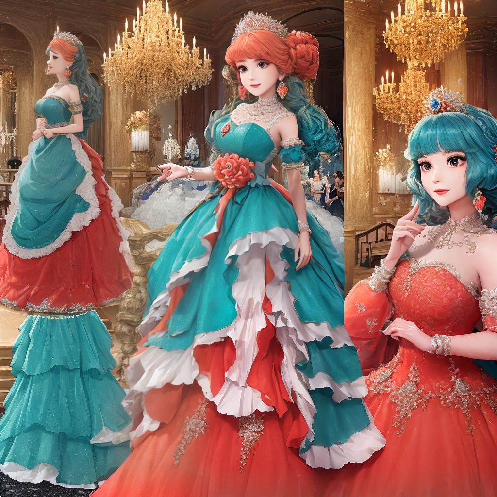  masterpiece, best quality,Extravagant coral colored princess ballgown adorned with pearls. The theme is festival of the sea.,