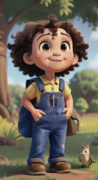  {Riley looking up at the tree with a big smile, animals surrounding them., Riley, a curious with big brown eyes and curly hair, wearing overalls and carrying a small backpack. Their friend, Skye, a bluebird with shiny feathers.