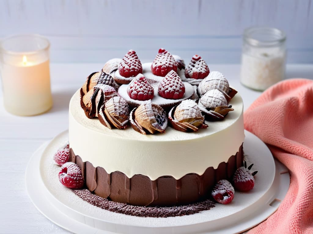  A minimalist and serene image of a decadent vegan chocolate cake topped with fresh raspberries and a dusting of cocoa powder, set on a simple white plate against a soft pastel backdrop, showcasing the luscious texture and rich colors of the dessert. hyperrealistic, full body, detailed clothing, highly detailed, cinematic lighting, stunningly beautiful, intricate, sharp focus, f/1. 8, 85mm, (centered image composition), (professionally color graded), ((bright soft diffused light)), volumetric fog, trending on instagram, trending on tumblr, HDR 4K, 8K