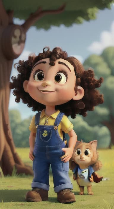  {Riley looking up at the tree with a big smile, animals surrounding them., Riley, a curious with big brown eyes and curly hair, wearing overalls and carrying a small backpack. Their friend, Skye, a bluebird with shiny feathers.