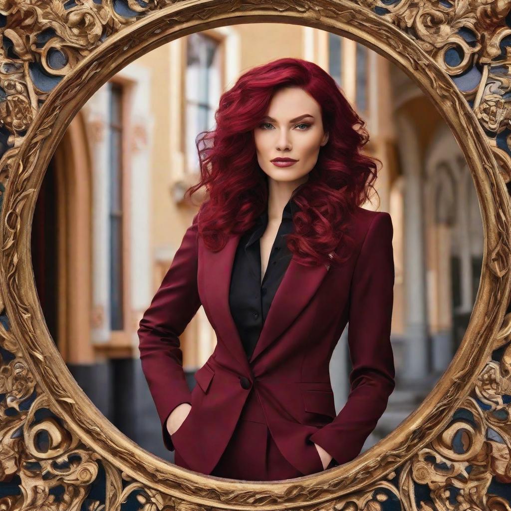  masterpiece, best quality,A tall, beautiful woman in a women's suit with burgundy hair.