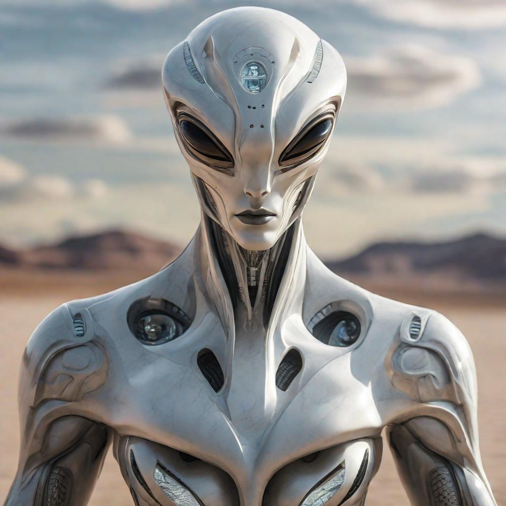  Alien from Area 51, statue made of marble, futuristic cybernetic, transhumanism, full body shot, perfect symmetrical body, perfect symmetrical face, hyper realistic, hyper detailed, by johannen voss, by peter kemp, by monia merlo, by michelangelo, octane render, blender, 8 k hyperrealistic, full body, detailed clothing, highly detailed, cinematic lighting, stunningly beautiful, intricate, sharp focus, f/1. 8, 85mm, (centered image composition), (professionally color graded), ((bright soft diffused light)), volumetric fog, trending on instagram, trending on tumblr, HDR 4K, 8K