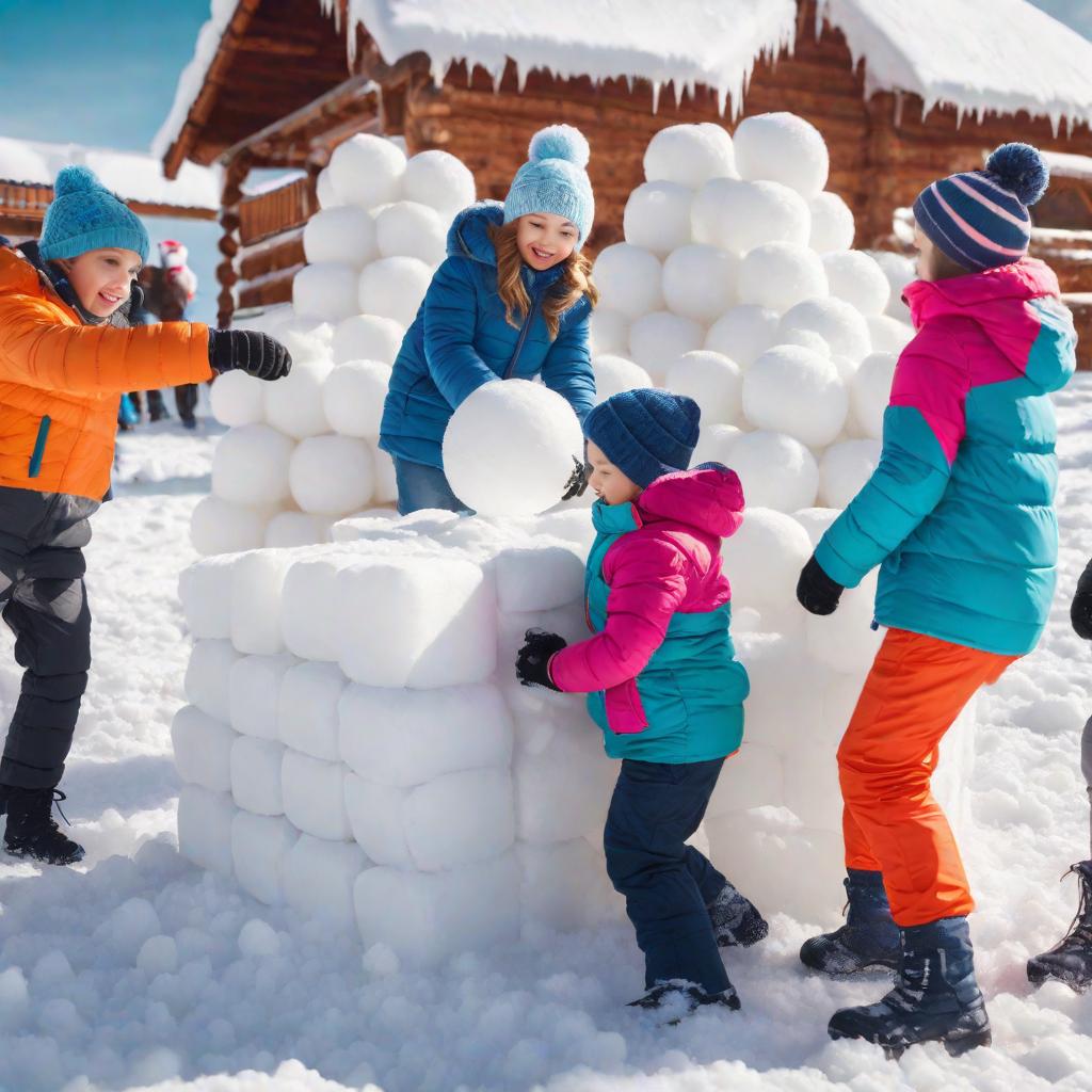  group of children make snowballs for snowball fights. children play in snow fort made of ice blocks. active winter outdoor games., cute, hyper detail, full HD hyperrealistic, full body, detailed clothing, highly detailed, cinematic lighting, stunningly beautiful, intricate, sharp focus, f/1. 8, 85mm, (centered image composition), (professionally color graded), ((bright soft diffused light)), volumetric fog, trending on instagram, trending on tumblr, HDR 4K, 8K