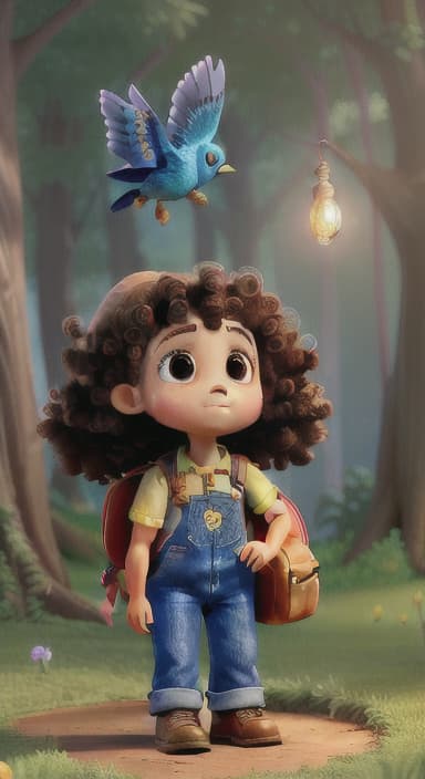  {The tree shining brightly and releasing a gentle, magical light., Riley, a curious with big brown eyes and curly hair, wearing overalls and carrying a small backpack. Their friend, Skye, a bluebird with shiny feathers.