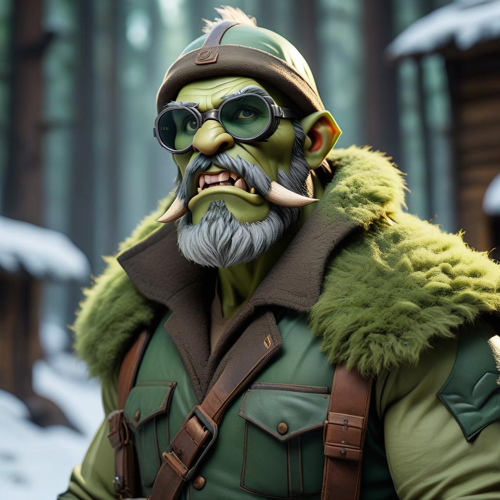  cinematic photo monotonous background, hyperstylized, casual style, orc engineer, green skin color, wearing welding glasses, in a winter hat, with a beard, two fangs looking up, massive jaw . 35mm photograph, film, bokeh, professional, 4k, highly detailed hyperrealistic, full body, detailed clothing, highly detailed, cinematic lighting, stunningly beautiful, intricate, sharp focus, f/1. 8, 85mm, (centered image composition), (professionally color graded), ((bright soft diffused light)), volumetric fog, trending on instagram, trending on tumblr, HDR 4K, 8K