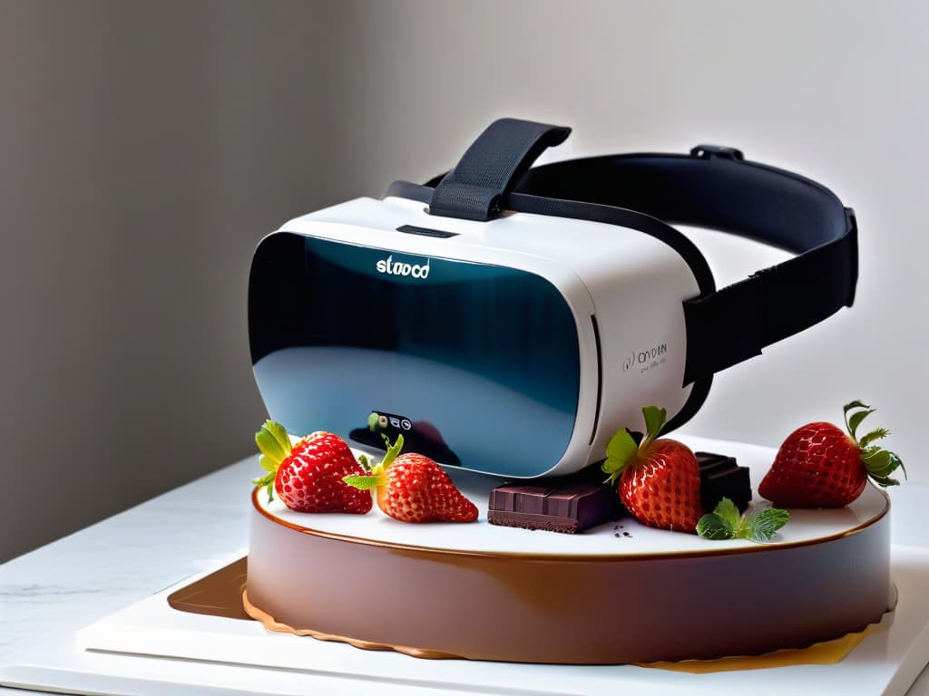  A highresolution, minimalist image of a sleek virtual reality headset, illuminated by a soft spotlight to enhance its futuristic and professional appeal. The headset is delicately placed on a marble countertop, surrounded by a scattering of vibrant and enticing ingredients commonly used in baking, such as plump strawberries, rich cocoa powder, and glossy chocolate bars. The overall composition exudes a sense of inspiration and sophistication, perfectly complementing the informative yet engaging tone of the article focusing on learning pastry skills through virtual reality technology. hyperrealistic, full body, detailed clothing, highly detailed, cinematic lighting, stunningly beautiful, intricate, sharp focus, f/1. 8, 85mm, (centered image composition), (professionally color graded), ((bright soft diffused light)), volumetric fog, trending on instagram, trending on tumblr, HDR 4K, 8K