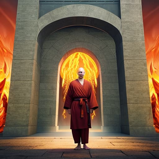  bald man in robes in front of a fiery portal