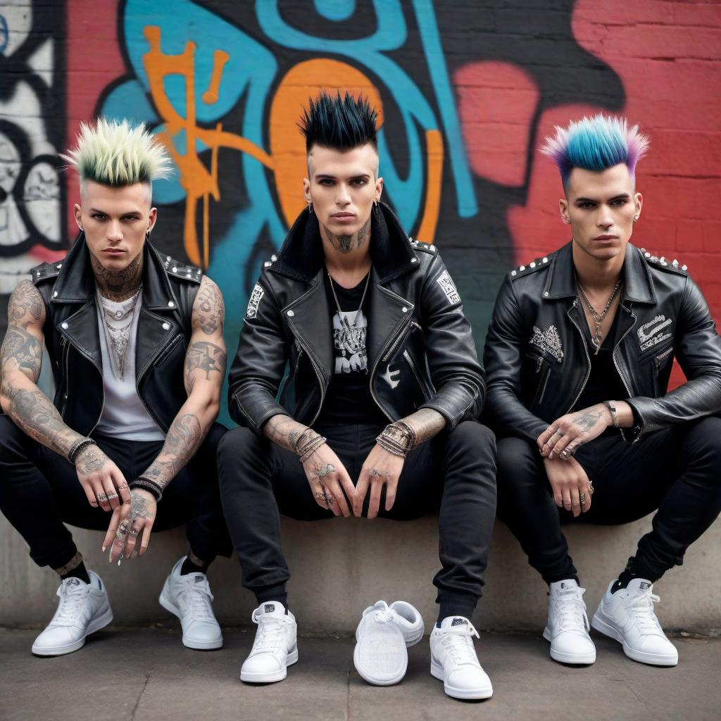  A group of punk rockers wearing Nike tennis shoes. Each punk rocker has a unique hairstyle and fashion that reflects their individuality within the punk subculture, including facial piercings, colorful mohawks, and spiked leather jackets. They all wear different styles of Nike tennis shoes, and their poses exude confidence and a carefree attitude. The background is an urban setting with graffiti-covered walls that resonate with the punk lifestyle. hyperrealistic, full body, detailed clothing, highly detailed, cinematic lighting, stunningly beautiful, intricate, sharp focus, f/1. 8, 85mm, (centered image composition), (professionally color graded), ((bright soft diffused light)), volumetric fog, trending on instagram, trending on tumblr, HDR 4K, 8K