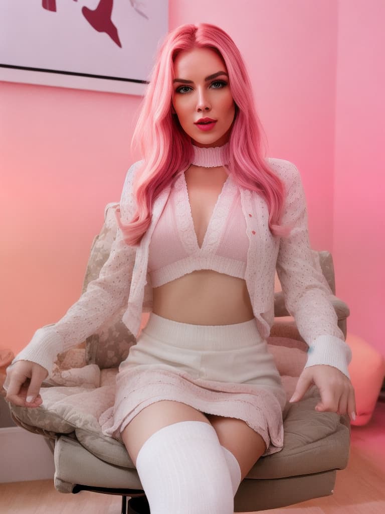  photography,LDR,HDR,UHD,4K,8K,32K,best quality,masterpiece,highly detailed,ultra fine,sharp focus,professional,vivid colorsProducts, Prompt:2 old american , sitting on gaming chair, at home, next to computer, pink highlights in hair, pink lipstick, e aesthetic, blush, rgb lighting, video games, streamer room, podcast, pink , , knee high socks, id in hair, s, hard s hyperrealistic, full body, detailed clothing, highly detailed, cinematic lighting, stunningly beautiful, intricate, sharp focus, f/1. 8, 85mm, (centered image composition), (professionally color graded), ((bright soft diffused light)), volumetric fog, trending on instagram, trending on tumblr, HDR 4K, 8K