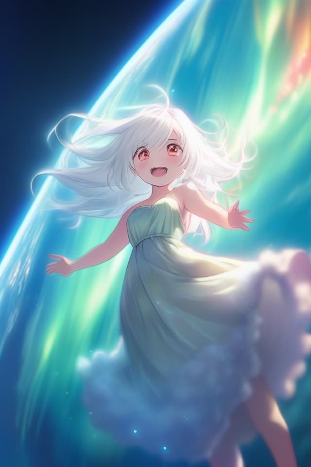  (((masterpiece))),absurd,(((earth floating in space in background)))1.5,one delicate ,delicate white hair color,fluffy hair,(delicate red eyes color),(eyes half closed),aurora borealis colored dress, with hem,swaying ,full body,floating,absurd,phosphorescent surface,((( of pale glowing fish))),super analysis,super image quality,masterpiece,16K