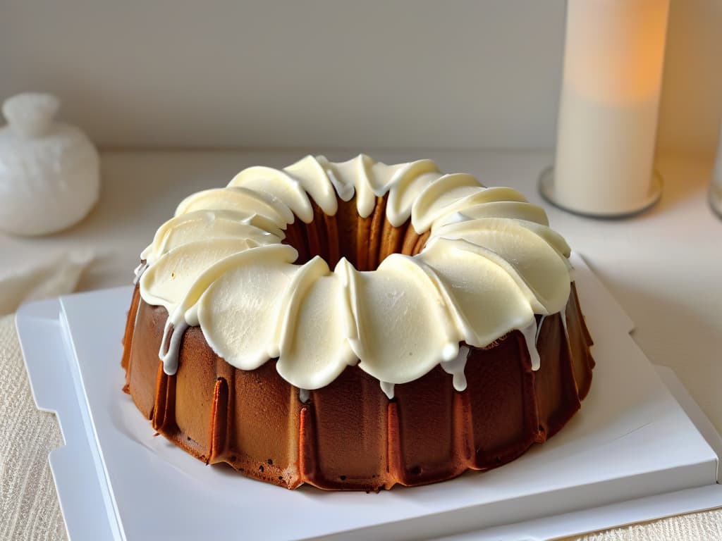  An ultradetailed, minimalistic illustration of a Bundt cake infused with warm autumn spices like cinnamon, nutmeg, and cloves. The cake is elegantly glazed with a light drizzle of icing, sitting on a sleek, modern cake stand against a simple, clean background to highlight its intricate details and inviting aroma. hyperrealistic, full body, detailed clothing, highly detailed, cinematic lighting, stunningly beautiful, intricate, sharp focus, f/1. 8, 85mm, (centered image composition), (professionally color graded), ((bright soft diffused light)), volumetric fog, trending on instagram, trending on tumblr, HDR 4K, 8K